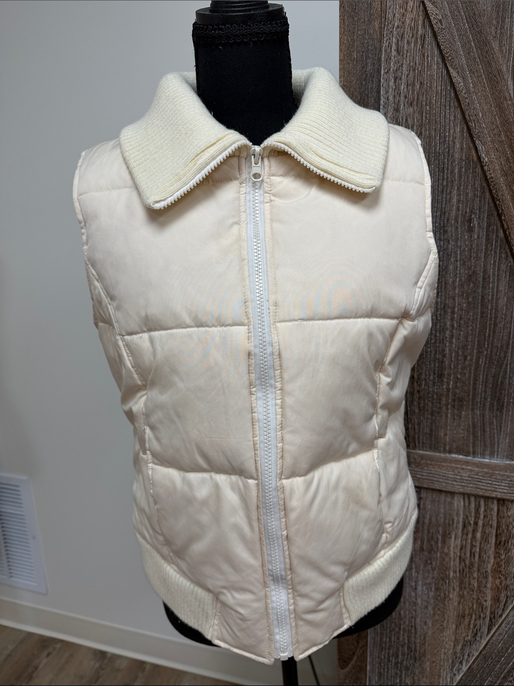 Maurices Cream Quilted Sleeveless Puffer Vest with Ribbed Collar